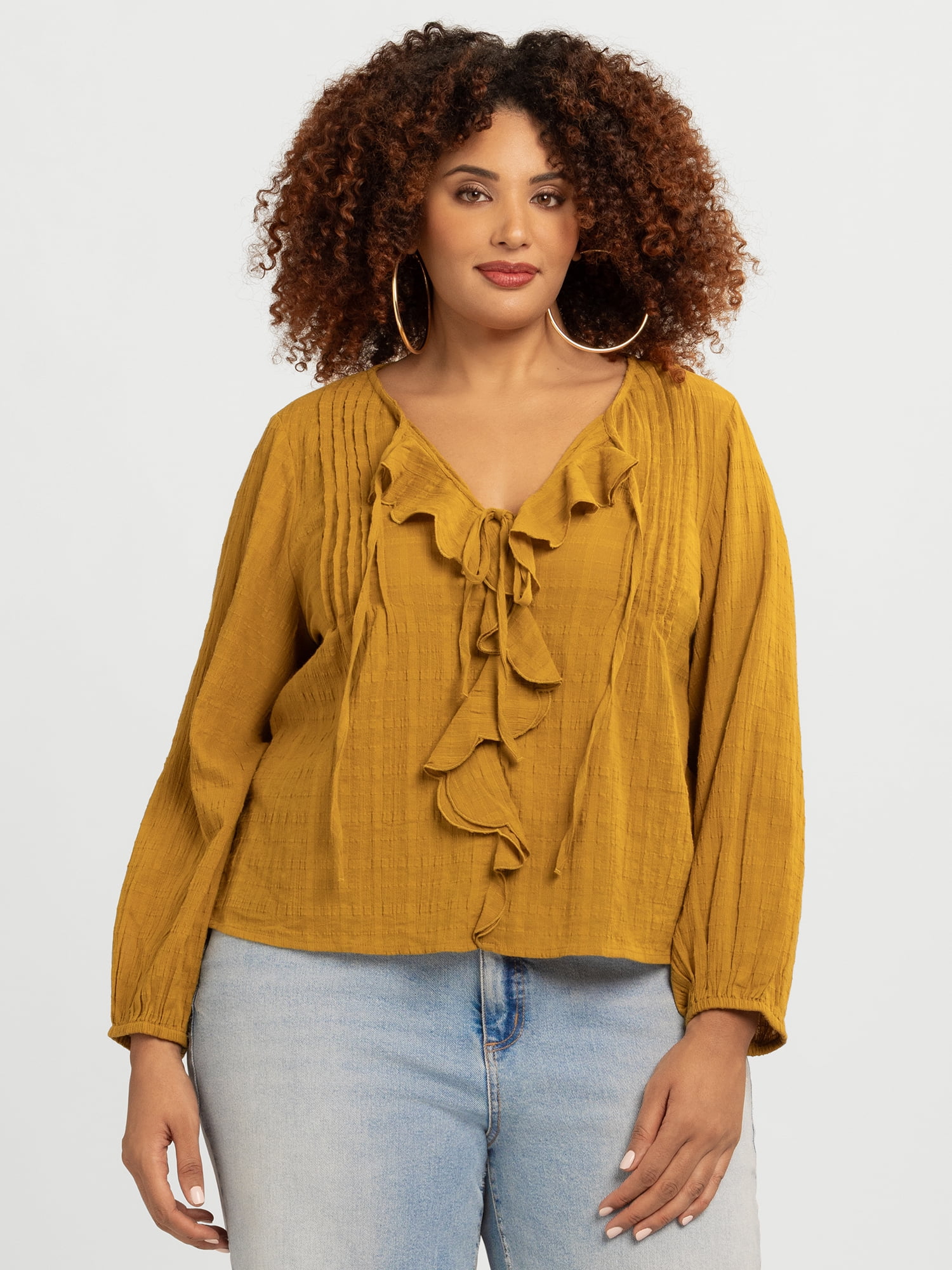 Jessica Simpson Women's Plus Hilaria Cotton Ruffle Top with Long Sleeves, Sizes 0X-4X