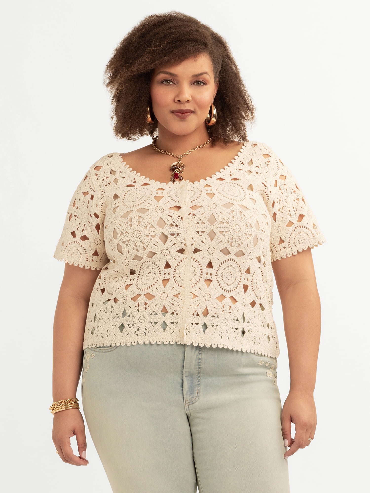 Jessica Simpson Women's and Women's Plus Quincy Crochet Tee, Sizes XS-4X