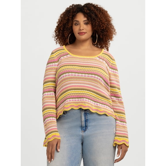 Jessica Simpson Women's Lilianna Cotton Pointelle Sweater with Long Sleeves, Lightweight, Sizes XS-X4