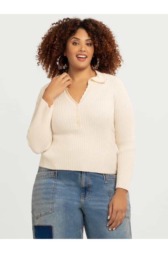 Women's and Women's Plus Luanne Polo Sweater with Long Sleeves, Lightweight, Sizes XS-4X