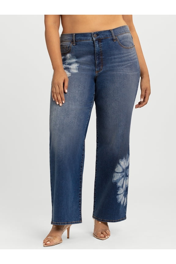 Women's Plus Rosa Print Mid Rise Relaxed Straight Leg Jeans, 32.5" Inseam, Sizes 16W-24W