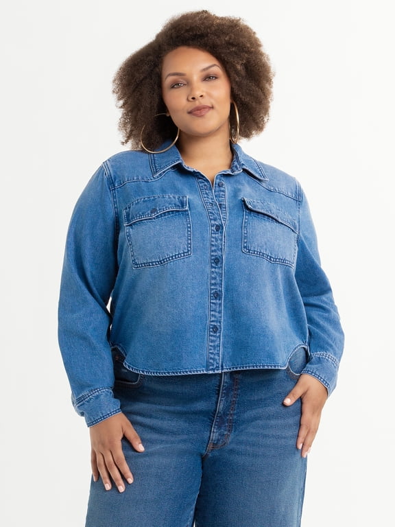 Women's Plus Size Denim Crop Shirt, Sizes 0X-4X
