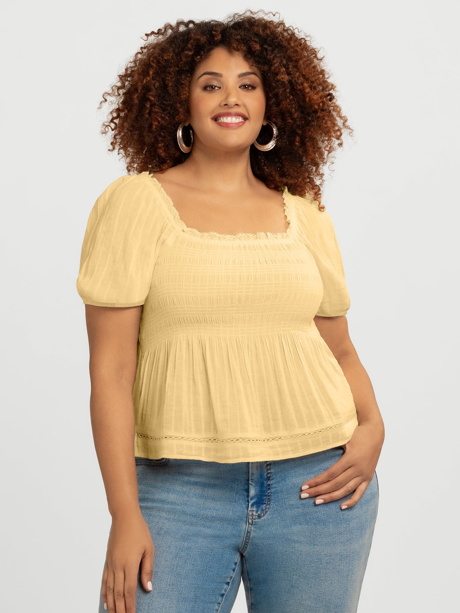 Jessica Simpson Women's and Women's Plus Waverly Cotton Smocked Blouse, Sizes XS-4X