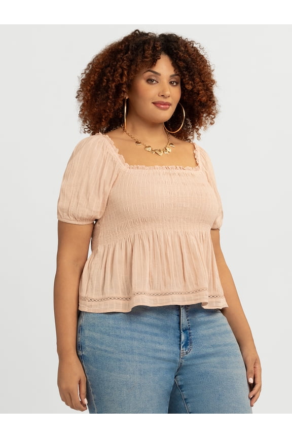 Women's and Women's Plus Waverly Cotton Smocked Blouse, Sizes XS-4X