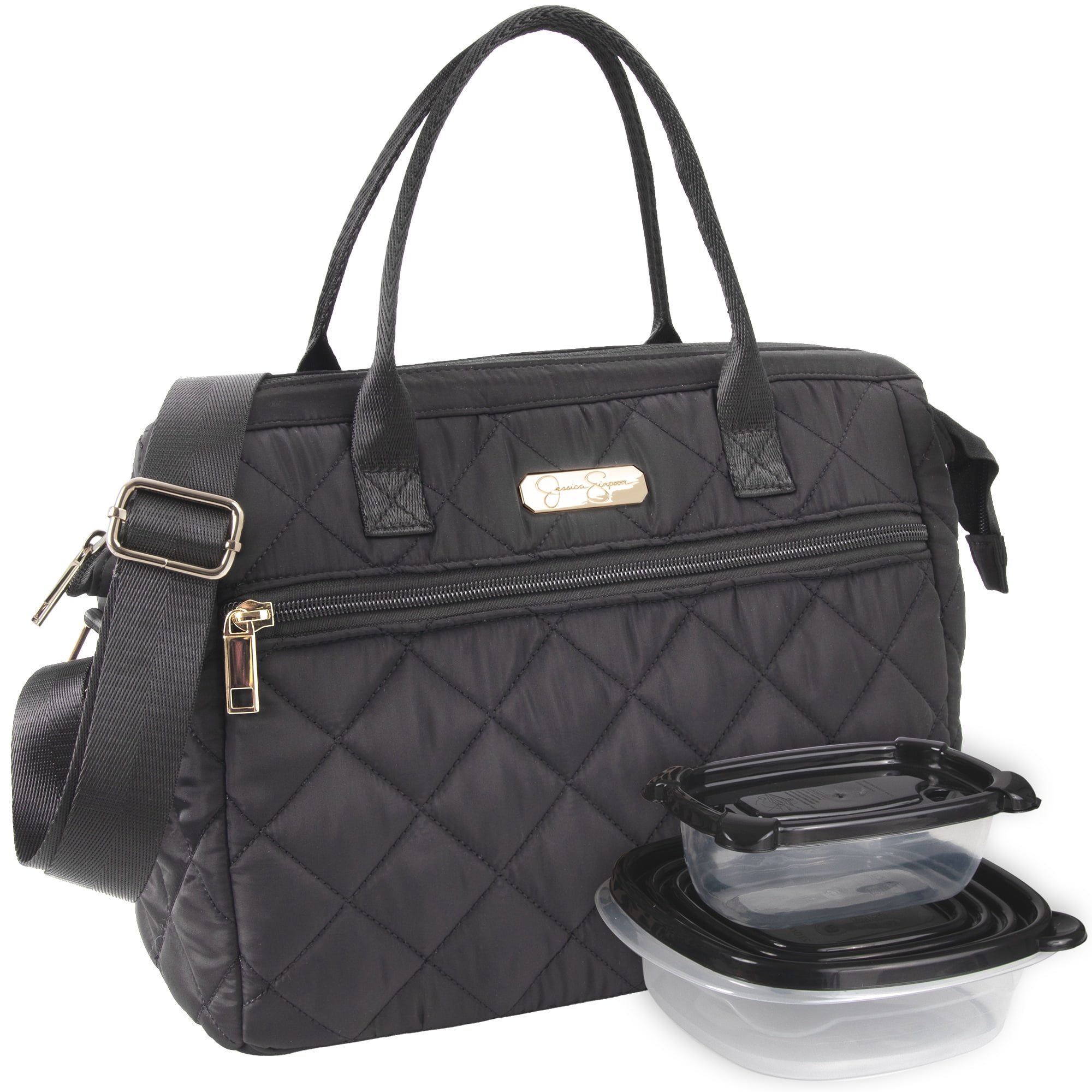 Jessica Simpson Women's Quilted Insulated Reusable Cooler Lunch Bag Crossbody Tote with 2 Food Containters for Work, Travel, Commute, Recreation, Beach and Picnic in Black