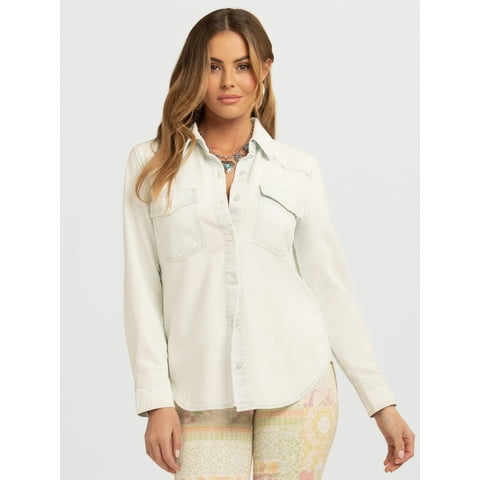 Women's Relaxed Denim Shirt with Long Sleeves, Sizes XS-4X