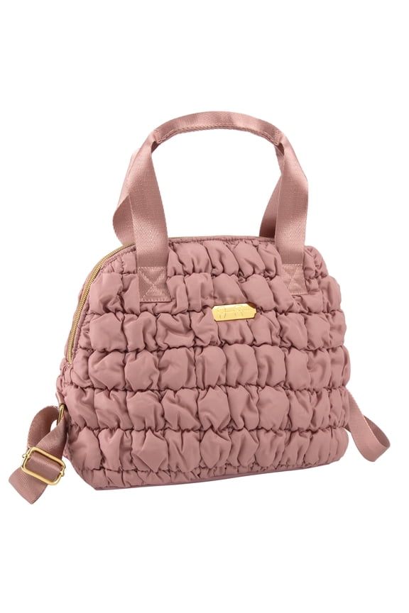 Women's Ruffle Quilted Insulated Reusable Cooler Lunch Bag Tote for Work, Travel, Commute, Recreation, Beach and Picnic in Blush Coral