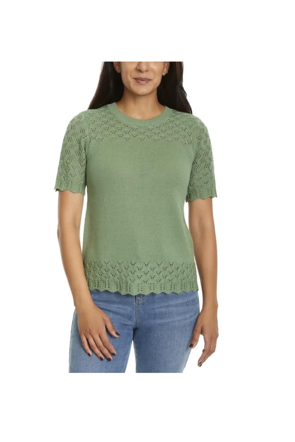 Women's Short Sleeve Pointelle Sweater Top (US, Alpha, Medium, Regular, Regular, Green)
