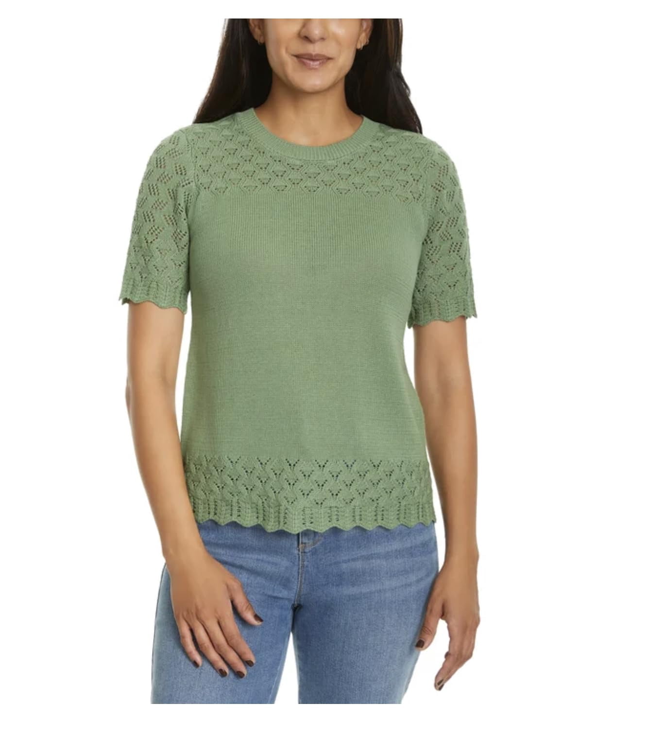 Jessica Simpson Women's Short Sleeve Pointelle Sweater Top (US, Alpha, Small, Regular, Regular, Green)