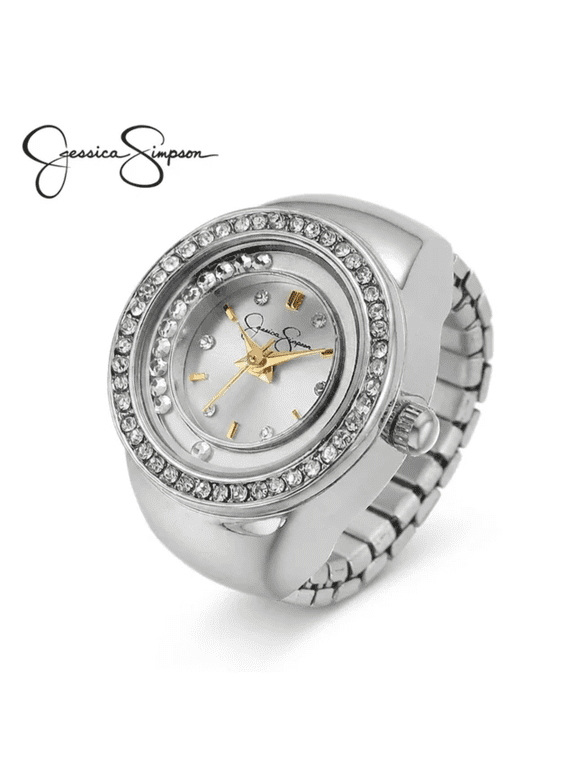 Women’s Silver Ring Watch – Adjustable Stretch Band, Crystal Bezel, Quartz Analog Mini Finger Watch