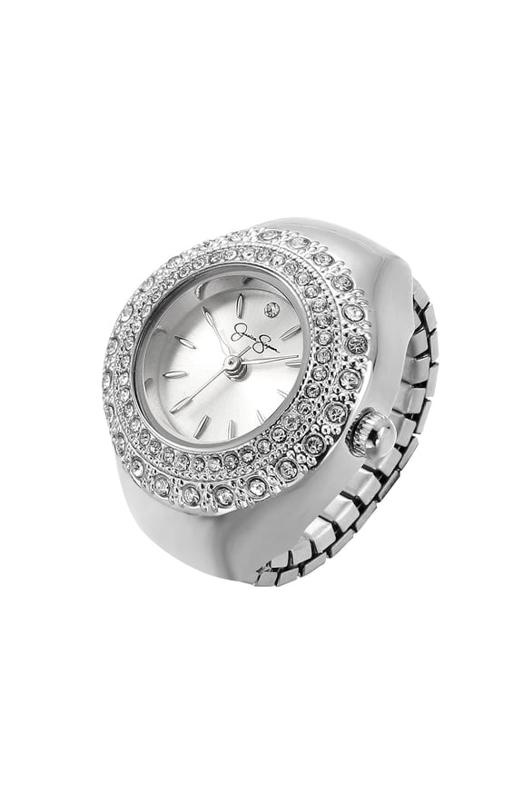 Women's Silver Adjustable Ring Watch – Crystal Bezel, Quartz Analog Mini Dial, Stretch Band Fashion Jewelry Accessory