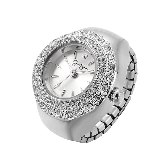 Jessica Simpson Women's Silver Adjustable Ring Watch – Crystal Bezel, Quartz Analog Mini Dial, Stretch Band Fashion Jewelry Accessory