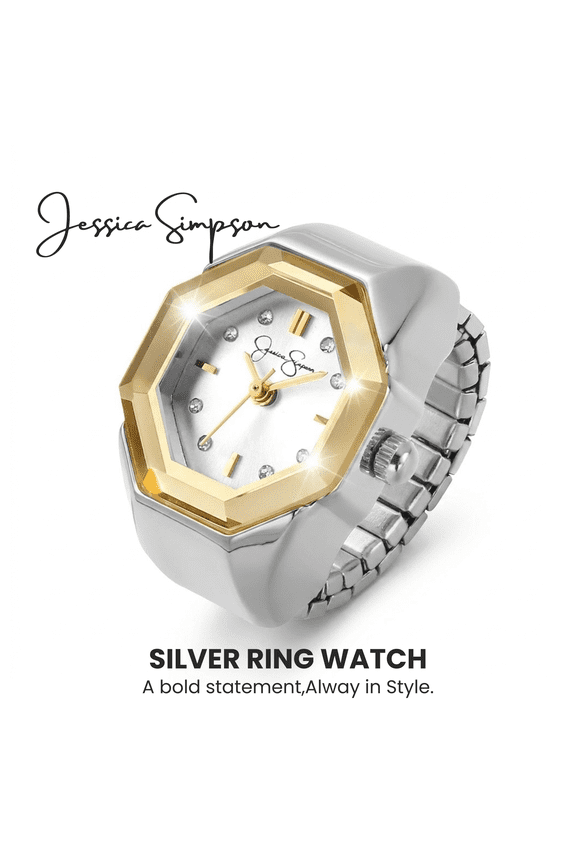 Women’s Silver Ring Watch, Octagon Bezel, Quartz Analog Movement, Adjustable Stretch Band