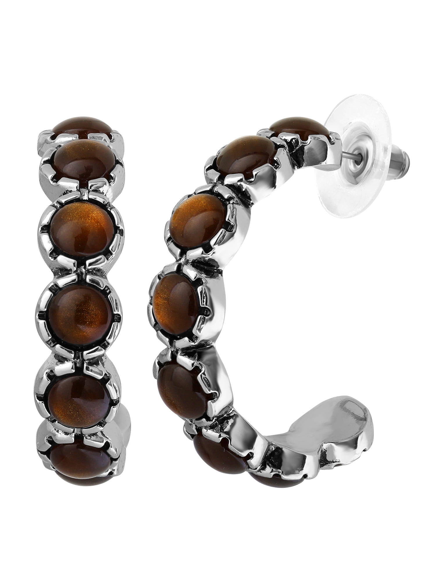 Jessica Simpson Women's Silver Tone Brown Stone Hoop Earrings