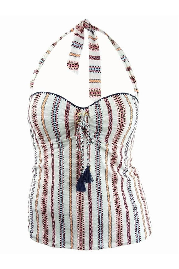 Women's Striped Texture Underwire Halter Tankini Top Large White