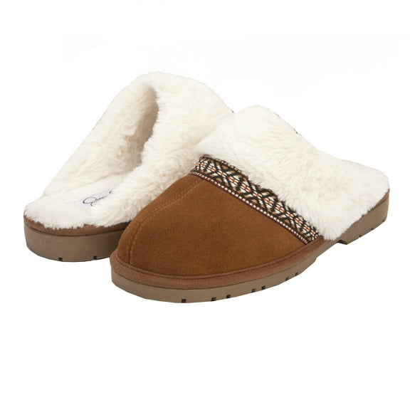 Jessica Simpson Women's Suede Plush Slip on Scuff House Slipper with Indoor/Outdoor Sole