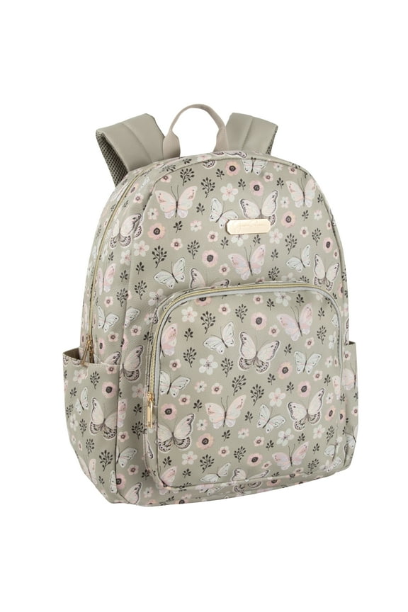 Women’s Vegan Leather Laptop Backpack with Padded Mesh Shoulder Straps and Side Water Bottle Pockets for Commuting and Travel in Beige & Pink Butterflies