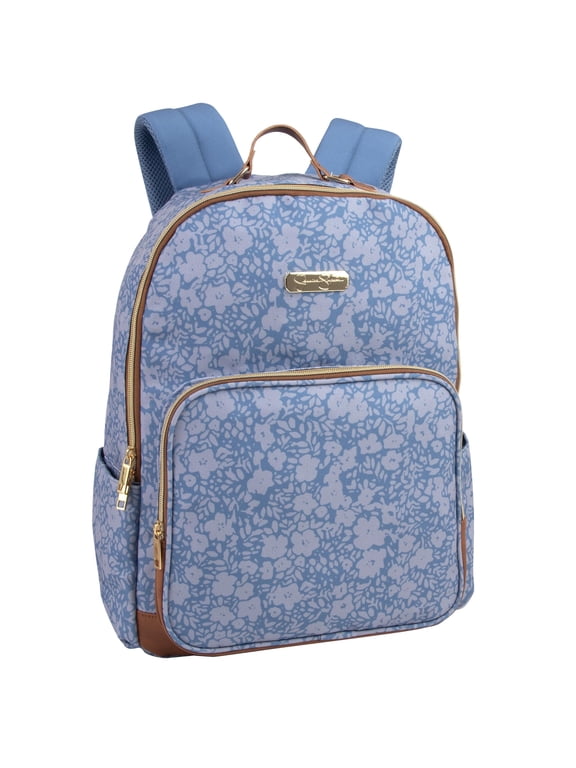 Women’s Vegan Leather Trim Laptop Backpack with Padded Mesh Shoulder Straps and Side Water Bottle Pockets for Commuting and Travel in Blue Floral