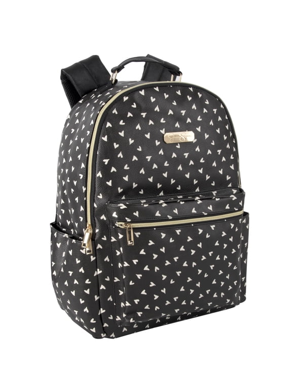 Women’s Waterproof Vegan Leather Laptop Backpack with Padded Mesh Shoulder Straps and Side Water Bottle Pockets for Commuting and Travel in Black & White Hearts
