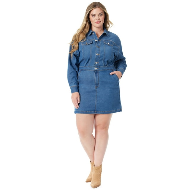Jessica Simpson Women's Plus Denim Dress XSXL, Long Sleeves, Pockets