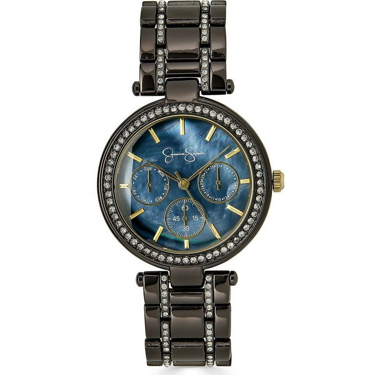 Jessica Simpson Womens 36mm Gunmetal Tone Crystal Faux Chronograph Bracelet  Watch