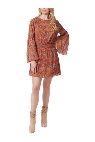 jessica simpson fit and flare dress JS Jessica Simpson Yasmin Ruffle Wrap Dress in Multi Celestial Patchwork main image 0