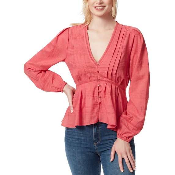 Jessica Simpson Womens Pleated Plunge-Neck Button-Down Top