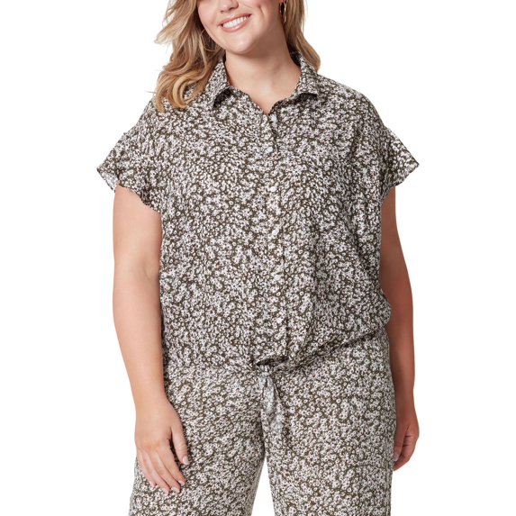 Jessica Simpson Womens Plus Floral Print Front Tie Button-Down Top