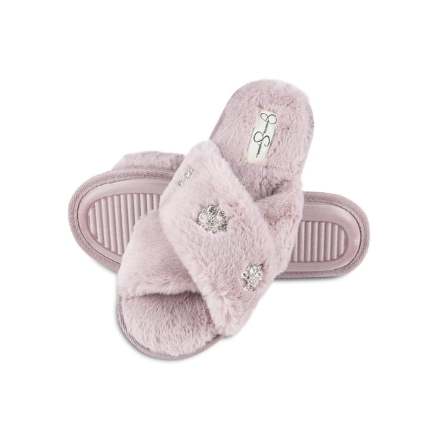 Jessica Simpson Womens Plush Cross Band Plush Memory Foam Slide Slipper ...