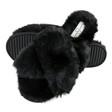 Jessica Simpson Womens Plush Cross Band Plush Memory Foam Slide Slipper