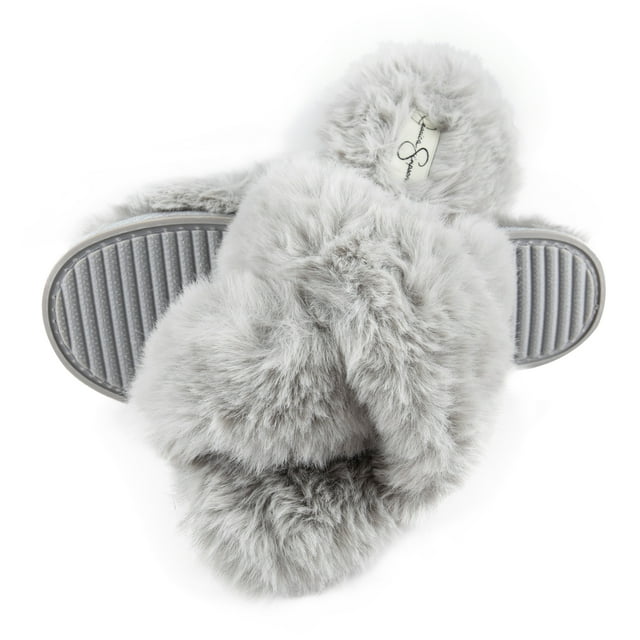 Jessica Simpson Womens Plush Cross Band Plush Memory Foam Slide Slipper