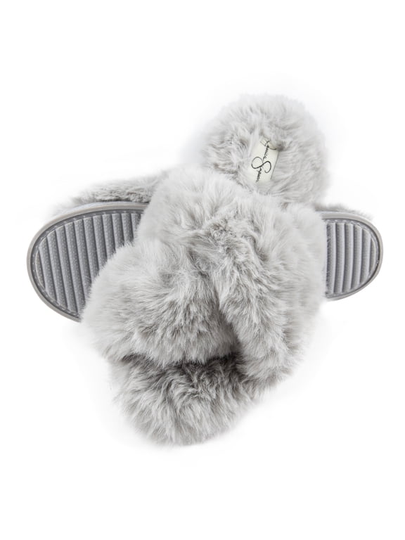 Womens Plush Cross Band Plush Memory Foam Slide Slipper