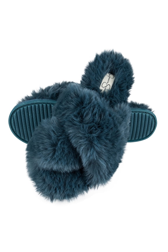 Womens Plush Cross Band Plush Memory Foam Slide Slipper