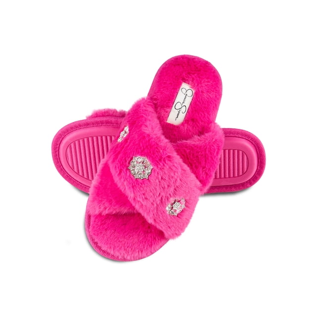 Jessica Simpson Womens Plush Cross Band Plush Memory Foam Slide Slipper ...