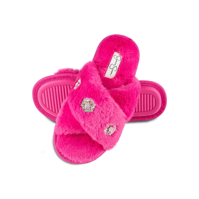 Jessica Simpson Womens Plush Cross Band Plush Memory Foam Slide Slipper Walmart