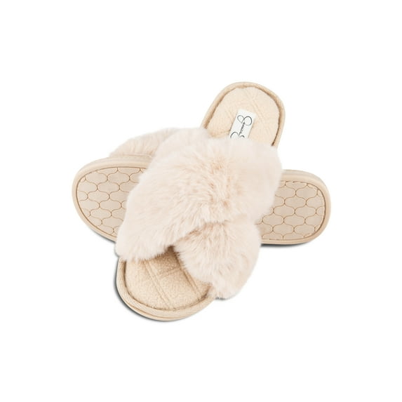 Jessica Simpson Womens Plush Cross Band Plush Memory Foam Slide Slipper