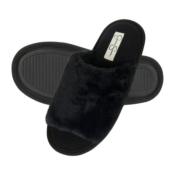 Jessica Simpson Womens Plush Faux Fur Fuzzy Slide On Open Toe Slipper with Memory Foam