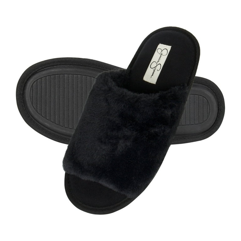 Jessica Simpson Women's Plush Faux Fur Fuzzy Slide on Open Toe Slipper with  Memory Foam