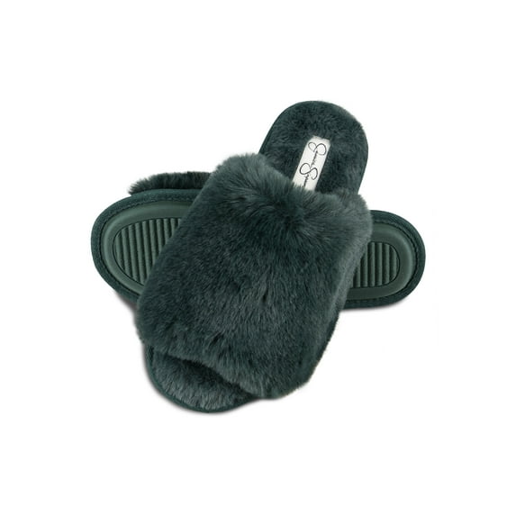 Jessica Simpson Womens Plush Faux Fur Fuzzy Slide On Open Toe Slipper with Memory Foam
