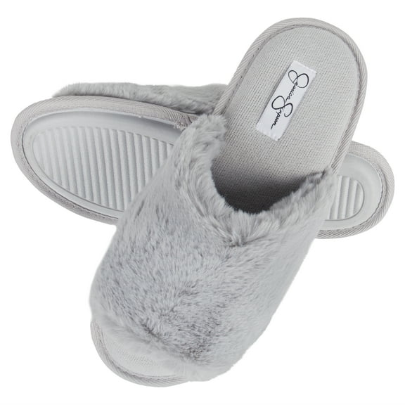 Jessica Simpson Womens Plush Faux Fur Fuzzy Slide On Open Toe Slipper with Memory Foam