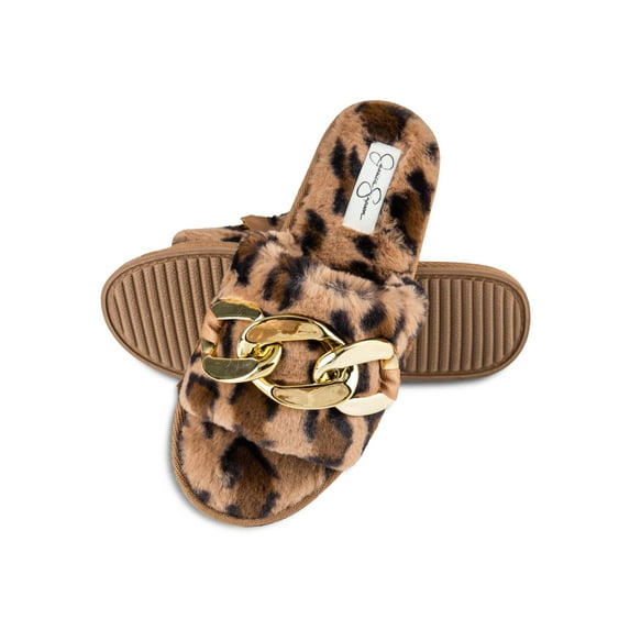 Jessica Simpson Womens Plush Faux Fur Fuzzy Slide On Open Toe Slipper with Memory Foam