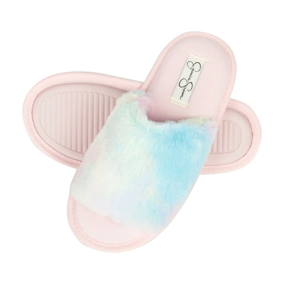 Jessica Simpson Womens Plush Faux Fur Fuzzy Slide On Open Toe Slipper with Memory Foam