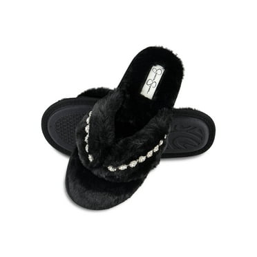Jessica Simpson Womens Plush Faux Fur Fuzzy Slide On Open Toe Thong Slipper with Memory Foam