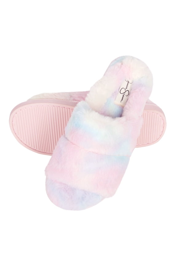 Womens Plush Faux Fur Fuzzy Slide on Open Toe With Elastic Backstrap