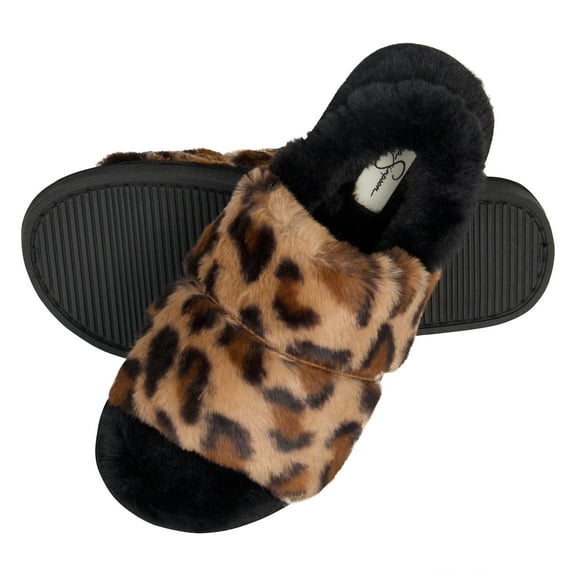 Jessica Simpson Womens Plush Faux Fur Fuzzy Slide on Open Toe With Elastic Backstrap