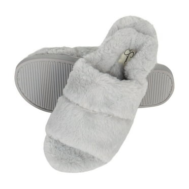 Jessica Simpson Womens Plush Faux Fur Fuzzy Slide on Open Toe With Elastic Backstrap