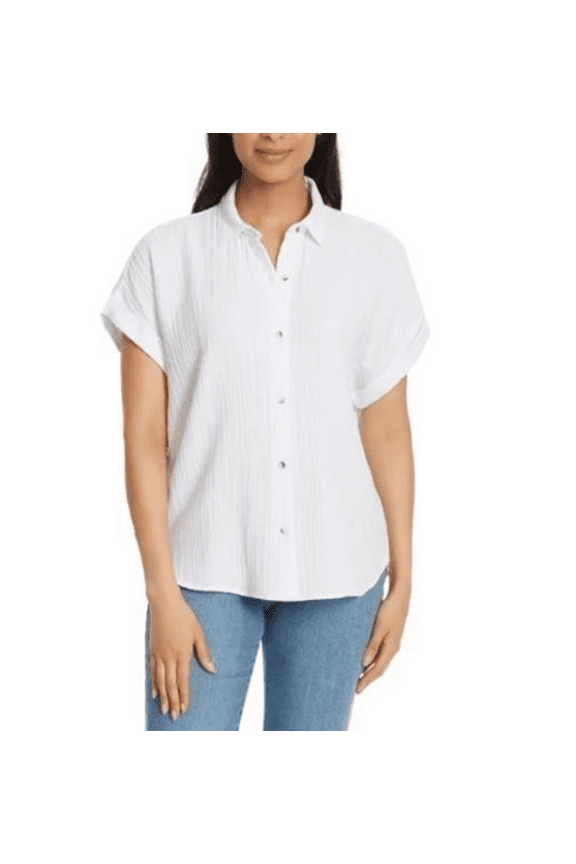 Womens Top White Short Cap Sleeve Gauze Relaxed Fit High-Low Hem Medium