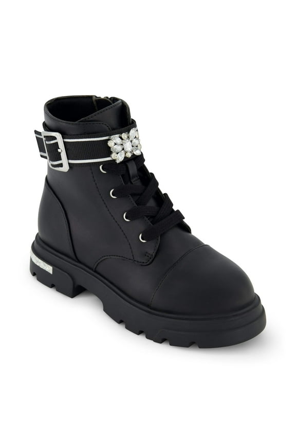 Youth Girls Black Floral Decor Buckle Boot