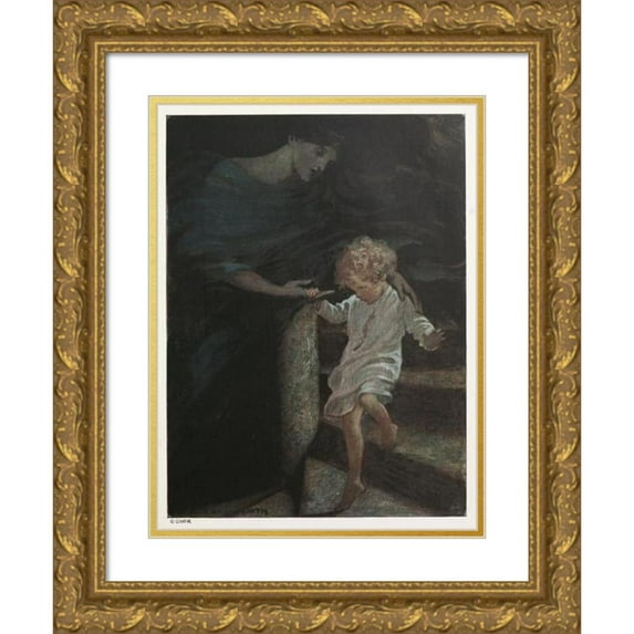 Jessie Willcox Smith 12x14 Gold Ornate Wood Frame and Double Matted Museum Art Print Titled - She Took His Hand, and Giving Him the Broad Part of the Spiral Stair to Walk On, Led Him Down a