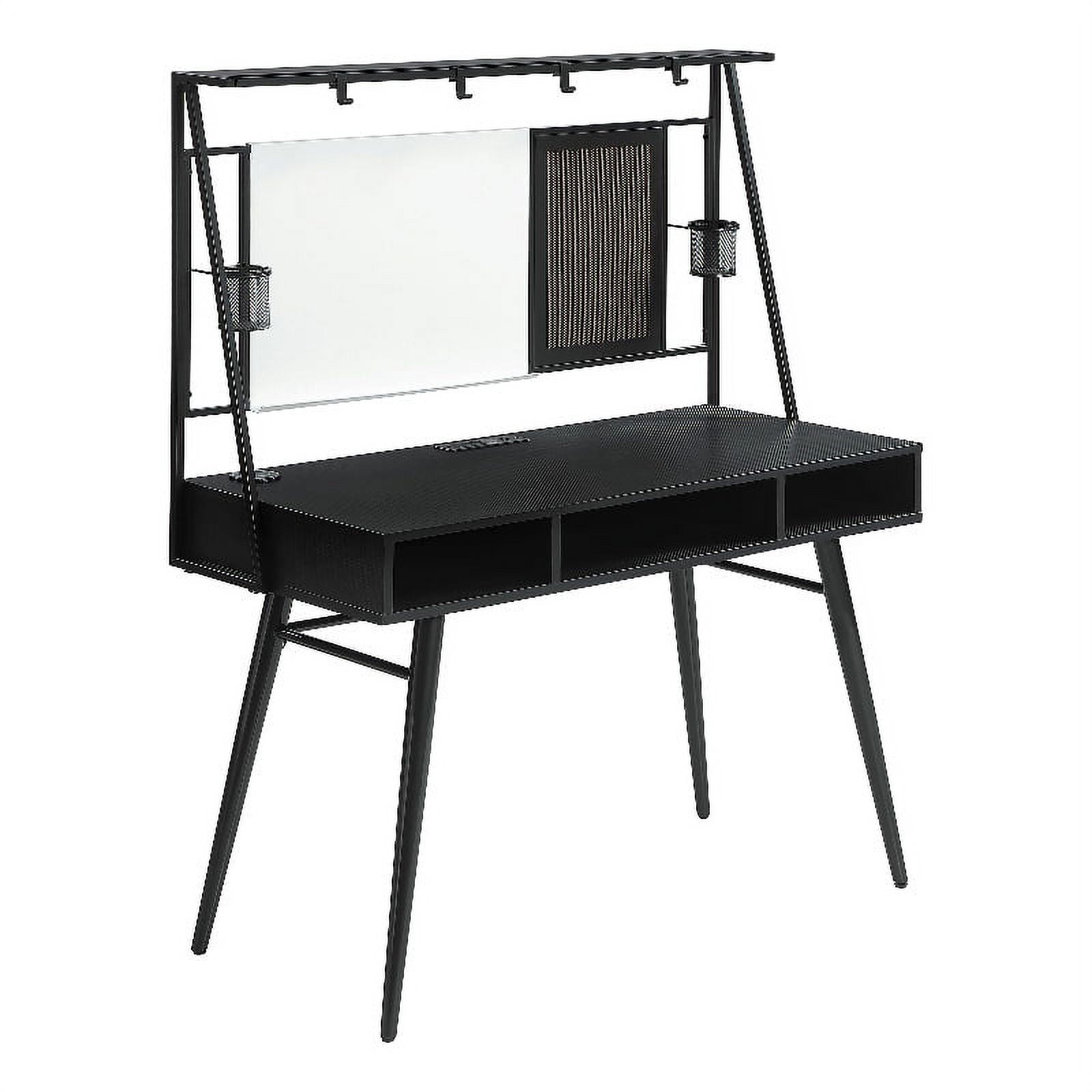 Black Wood Desk with Hutch, USB Ports, and Power Outlet